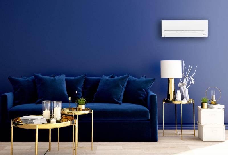 pompe à chaleur air air dans un salon bleu